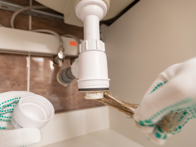 Professional male plumber eliminates blockage in siphon of sink drain pipe