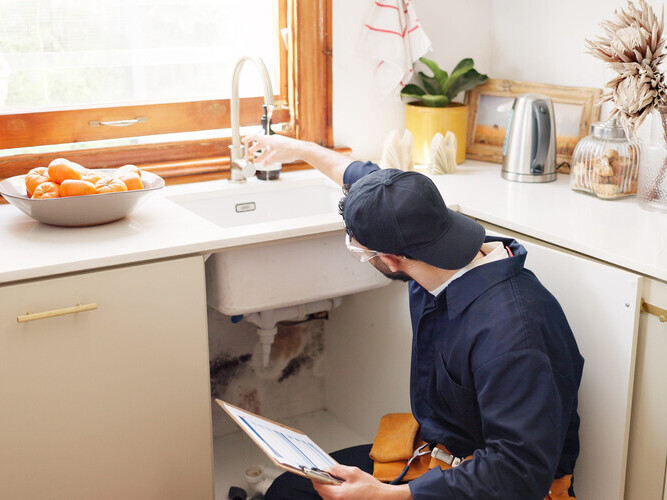 Plumber, house and handyman with clipboard, maintenance and service with expert. Employee, contractor and repair with checklist, inspection or quality control with industry, home renovation or skills