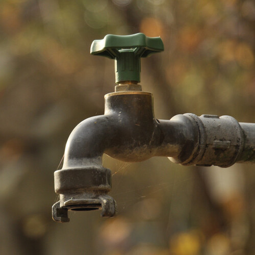 old tap in the garden with blurry trees in the background